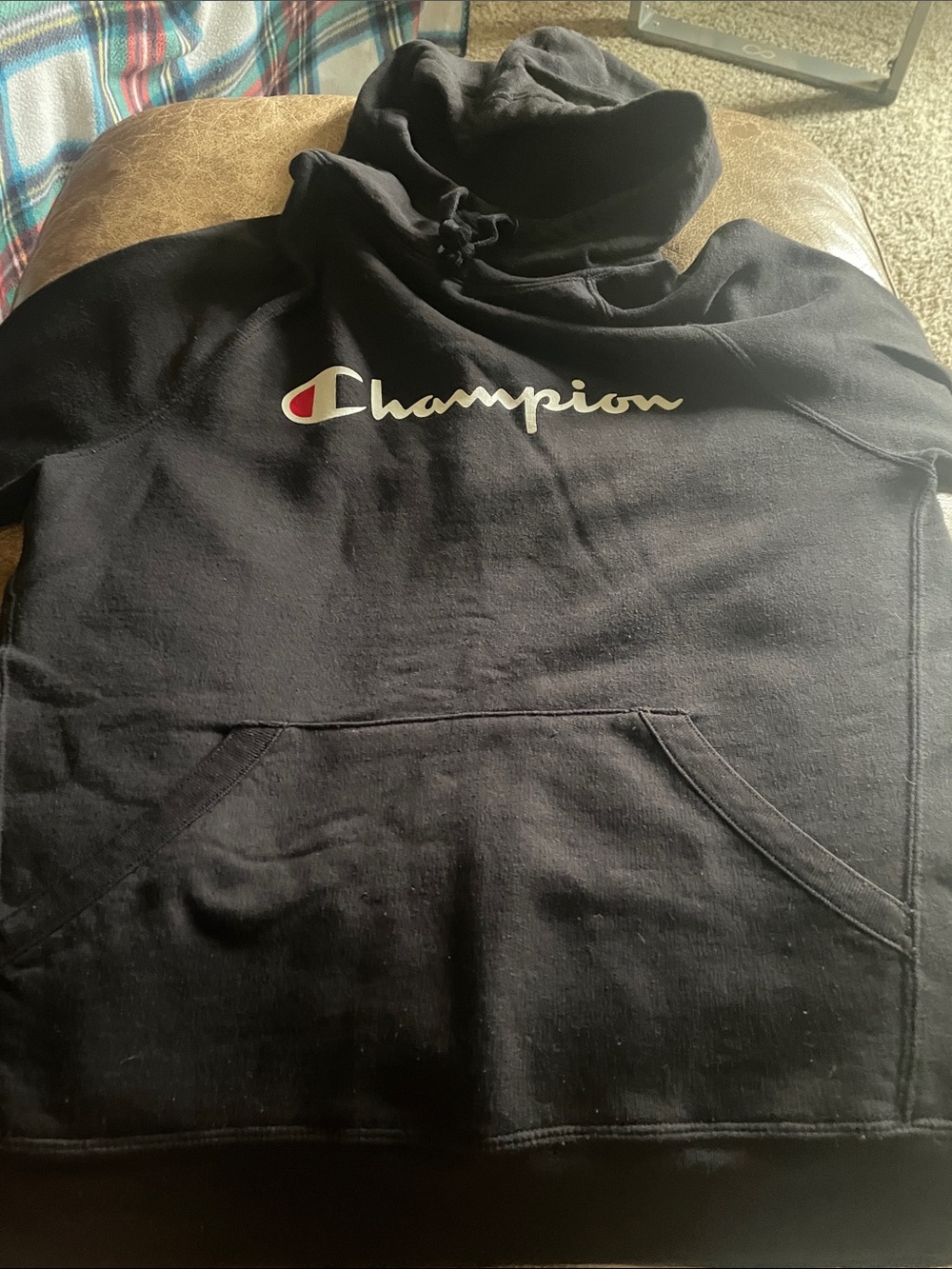 Champion Black Pullover Hoodie with White Script and Red Accent